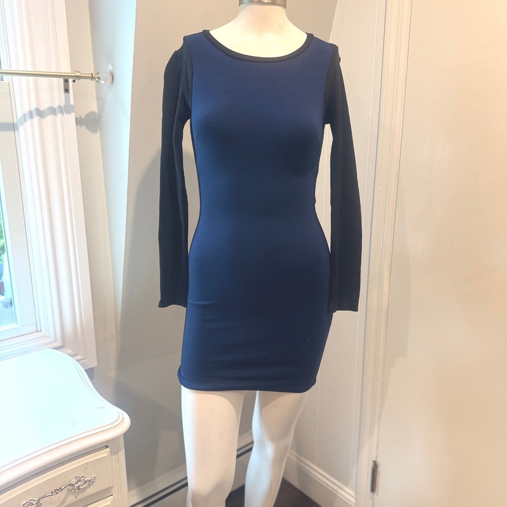 AQUA Blue Black Bodycon Dress Colorblock Long Sleeve Mini Chic | Size XS